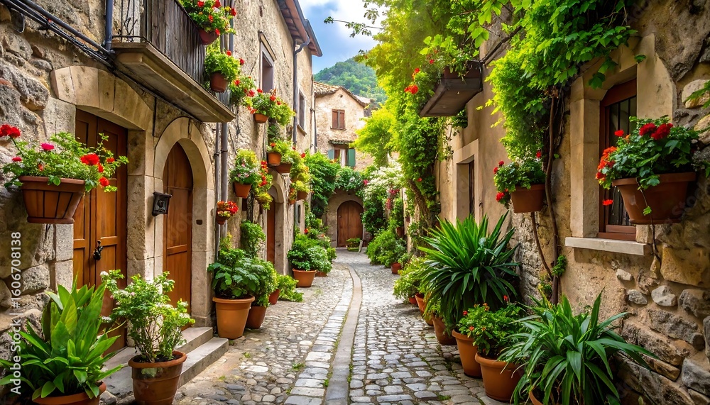 Naklejka premium Quaint European alleyway brimming with flowers