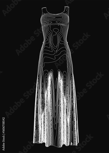A black and white dress contour drawing on a mannequin features intricate lines and elegant curves. The detailed design stands out against a dark background, creating a striking contrast.