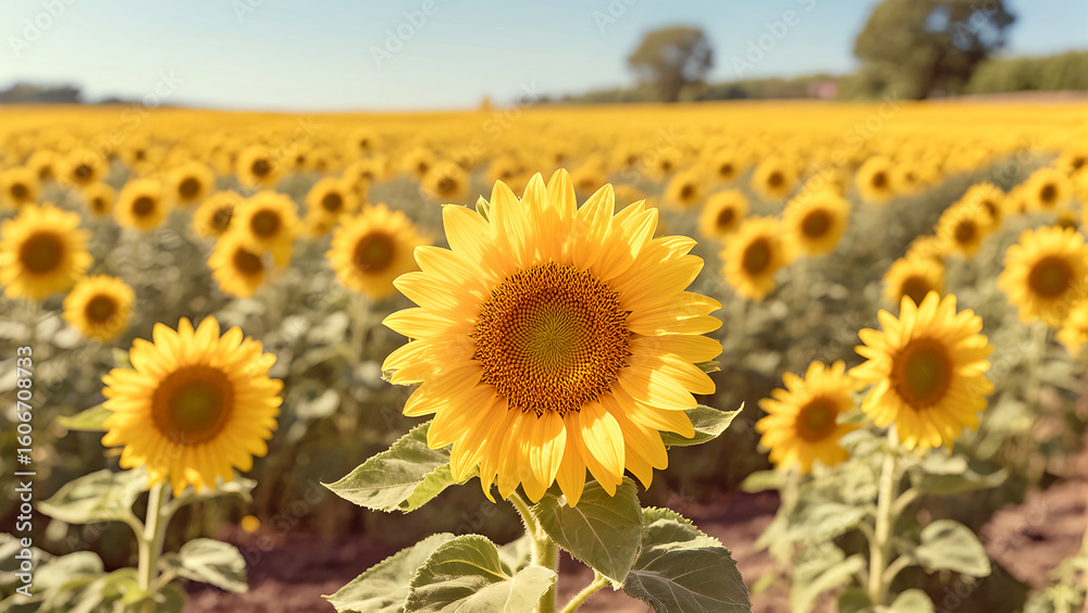 Fototapeta premium sunflower with bright yellow petals and a brown center is standing in the middle of a vast sunflower field.