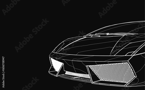 Car rendered in striking black and white line art, isolated on a dark background. The detailed illustration highlights the car's aggressive angles.