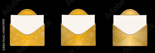 Golden color winter greetings card, santa letter envelope set with snowflakes vector. Winter holidays concept card design to use for christmas cards, winter business advertising, holiday greetings. 