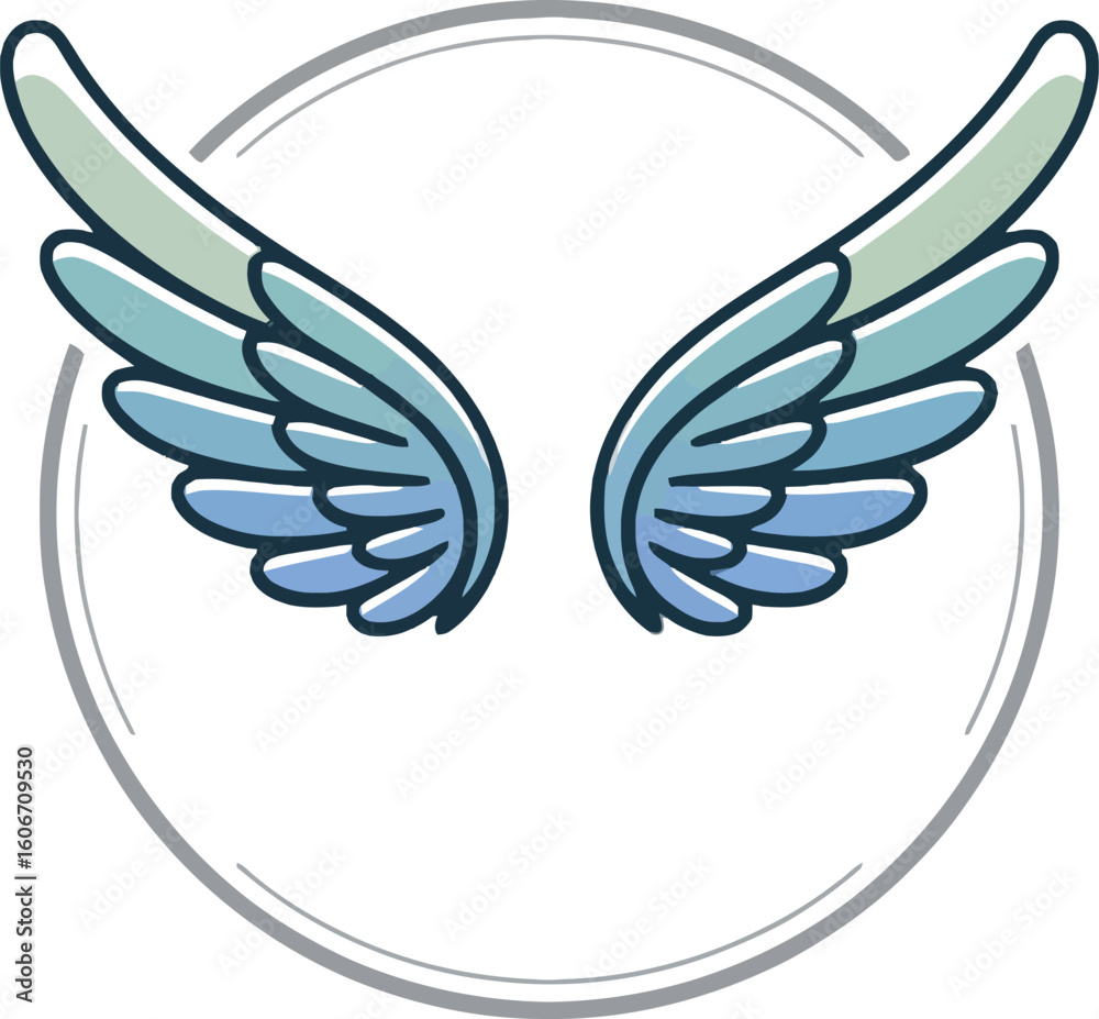 Obraz premium Serene Blue Wings in Circular Frame: Minimalist Vector Illustration, Peaceful Mood