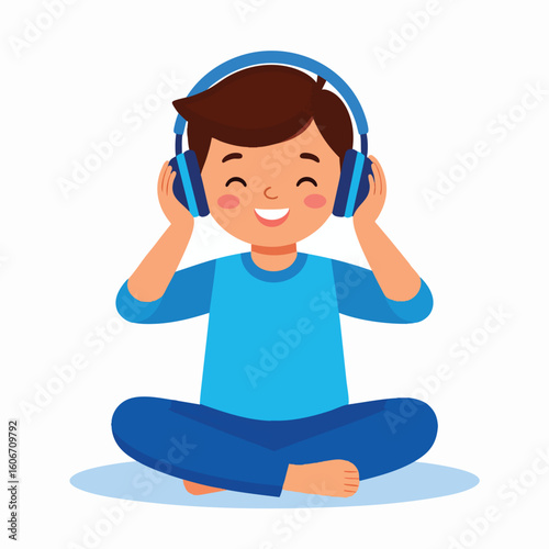 Cartoon boy sitting cross-legged, listening to music with blue headphones and smiling.