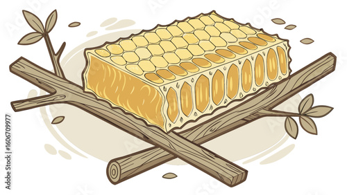 Delicious honeycomb on wooden sticks vector illustration honey bee product sweet dessert natural food ingredient 100