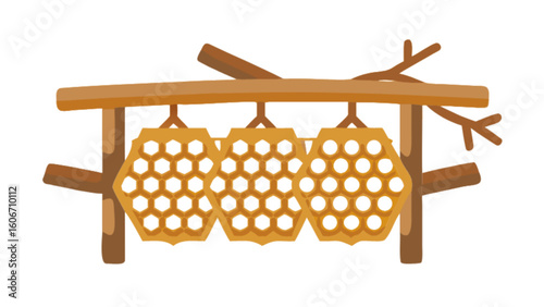 Honeycomb hanging on wooden frame illustration for beekeeping and natural honey products concept design