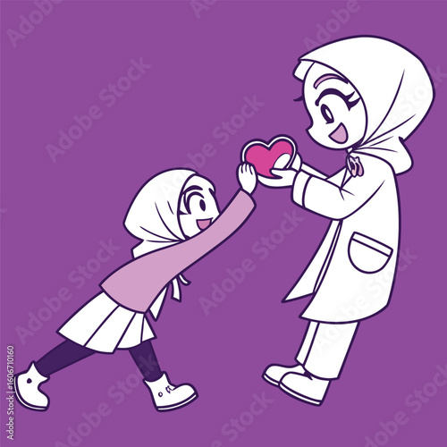 Muslim Girl Giving Heart to Little Sister in Hijab
