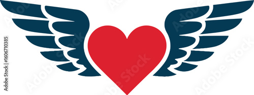 Red Heart with Wings: Vintage Style Logo, Romantic, Passionate Design Element