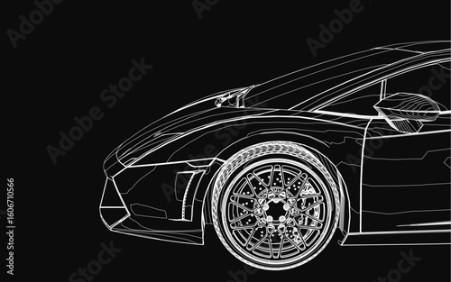 Car in detailed black and white line art, showcasing aggressive angles and aerodynamic design. The high-performance sports car stands out against a sleek black.
