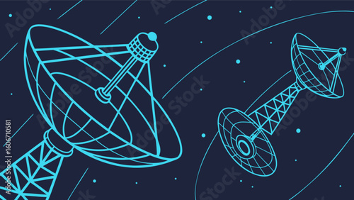 Satellite dish communication technology network antenna broadcasting signal vector illustration design