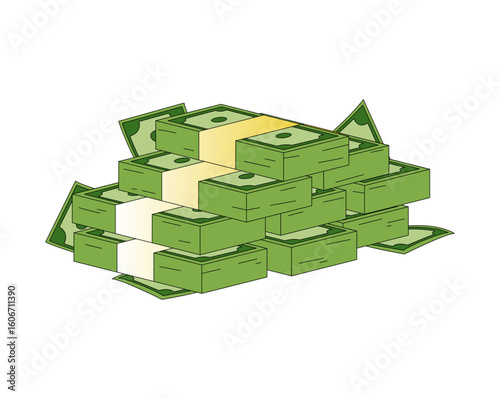 Green money bundles pile illustration, representing wealth, finance, and prosperity in a clean and modern design.