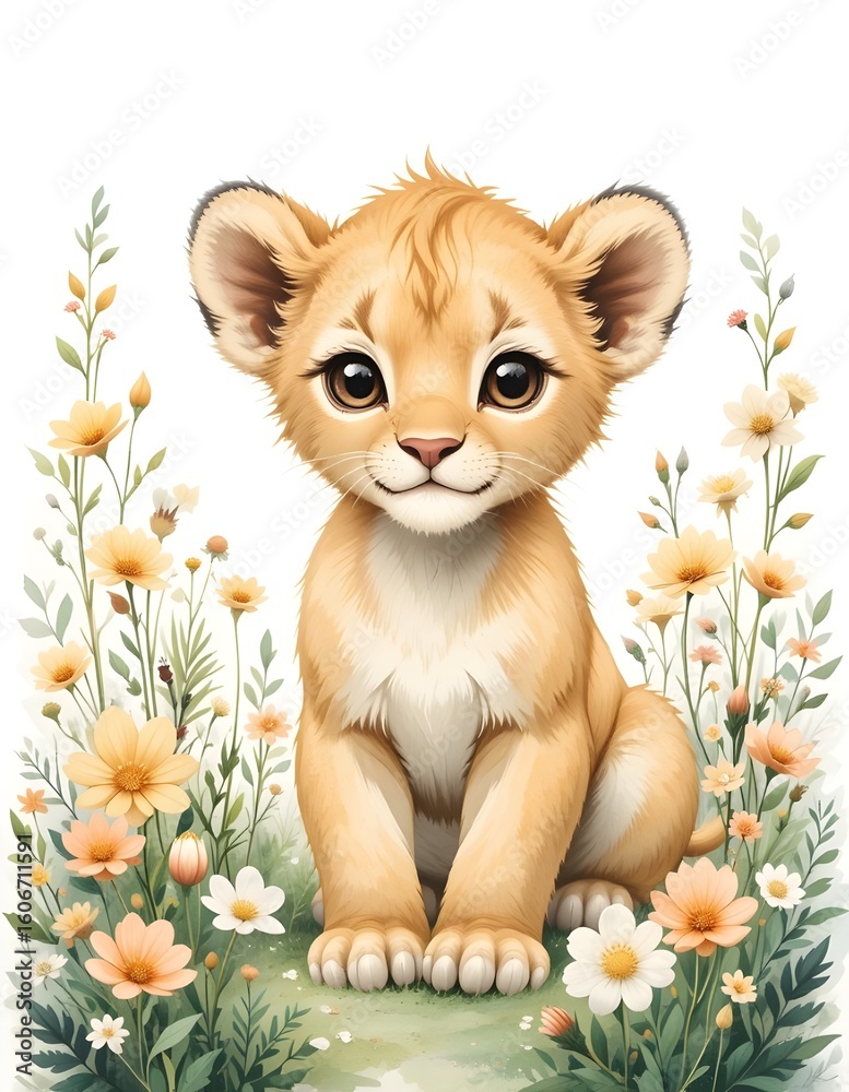 Fototapeta premium Adorable Lion Cub Among Pastel Flowers – Charming Whimsical Animal Illustration