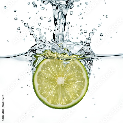 a single, vibrant green lime wheel slice plunging into clear