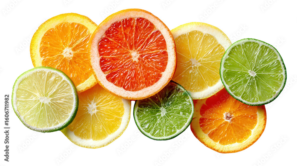 Fresh Sliced Citrus Fruits: A flat lay of fresh sliced citrus fruits like oranges, lemons, and limes, isolated on a Transparent background, PNG file. Fresh Sliced Citrus Fruits: A flat lay of fresh sliced citrus fruits like oranges, lemons, and limes, isolated on a Transparent background, PNG file.