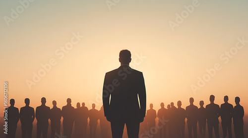 Silhouette of a leader standing before a group with an orange sunset background, suggesting leadership, vision, and guidance in a team or organizational setting.