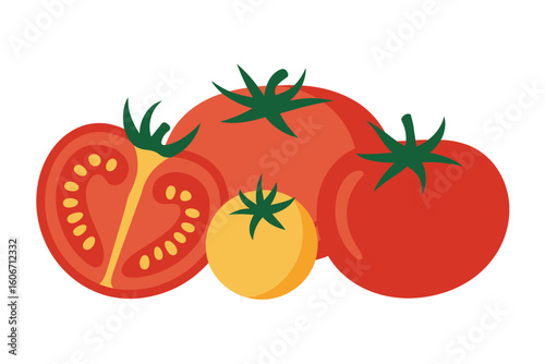 Fresh ripe tomatoes one halved showing seeds and pulp