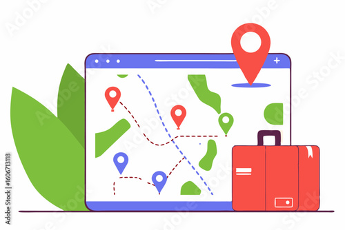 Cyfrowa mapa z trasą i walizką. Koncepcja planowania podróży i rezerwacji wakacji online.