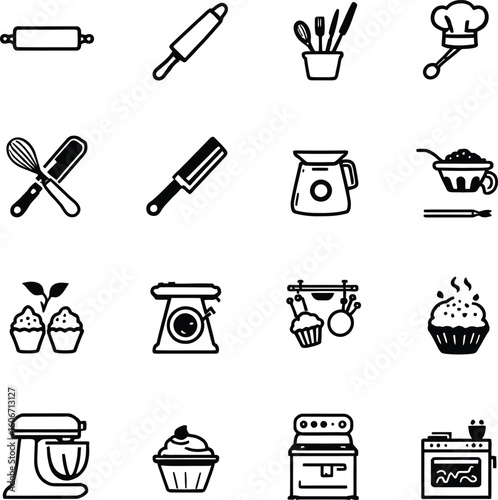 Black and White Baking Icon Set Featuring Rolling Pins, Chef Hat, Whisks, Cupcakes, Stand Mixer, Stove, Measuring Jug, and Kitchen Utensils – Minimalist Vector Design for Culinary, Cooking, and Food T