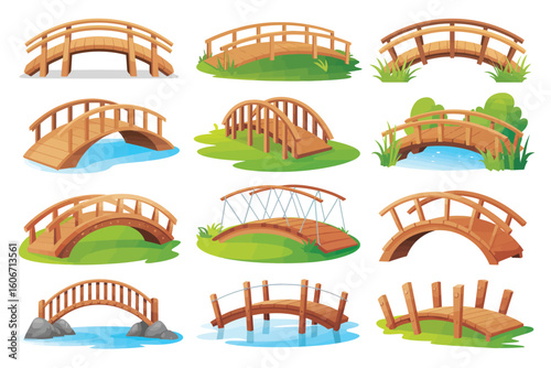 Collection of various wooden arched garden bridges over water and grass