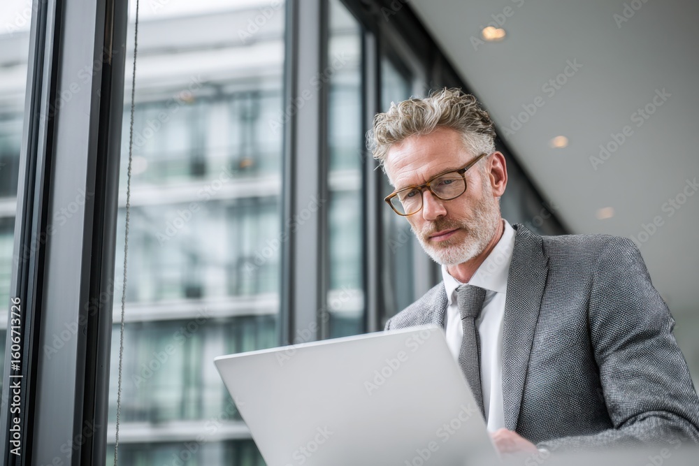 Fototapeta premium Mature professional man using laptop in modern office lounge, portraying remote work, business confidence, and digital productivity.