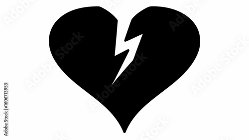 Black heart with a white lightning bolt shaped crack on a white background in simple vector form