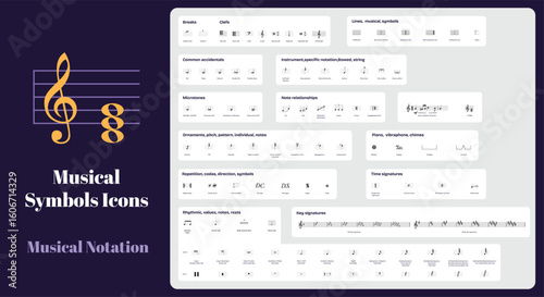 Modern Musical Notation Symbol Icon. Vector Set Featuring Clefs, Notes, Rests, Time Signatures, Accidentals, Ornaments, Piano. Instrument Markings. Music Education, Sheet Composer Performance sheet