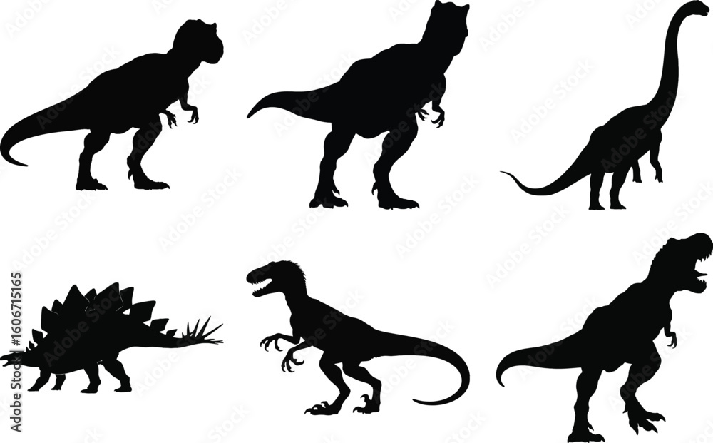 Naklejka premium Dinosaur silhouette vector collection of prehistoric animal profiles including t-rex, velociraptor, stegosaurus, and brachiosaurus