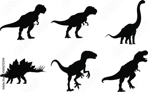 Dinosaur silhouette vector set of prehistoric animal profiles including t-rex, velociraptor, stegosaurus, brachiosaurus, isolated