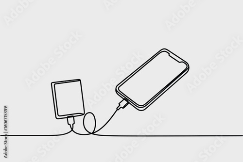 Minimalist line art drawing of a smartphone charging from a power bank