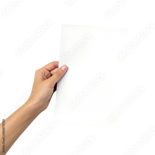 A minimalist photograph featuring a single hand holding a blank white piece of paper against a plain white background. The hand is positioned on the left side of the frame.