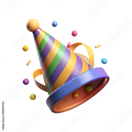 Colorful party hat floating with confetti celebration fun