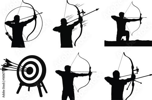 Archery silhouette vector collection of archer with bow and arrow, target, shooting action, isolated on white background