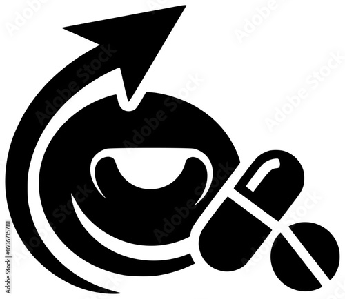Black silhouette vector icon logo illustration of a person feeling fatigued from anemia and receiving a diagnosis with a blood test and treatment plan including iron-rich foods and supplements for rec