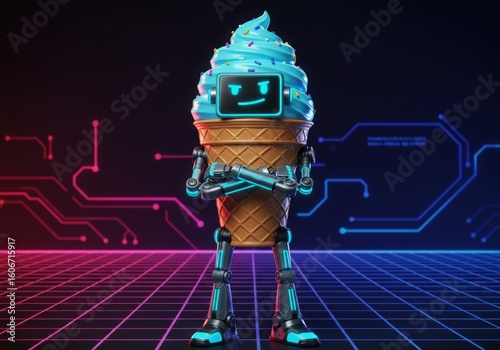 Futuristic robot ice cream character with digital display and cyberpunk background