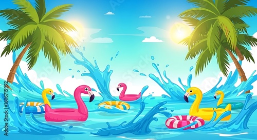 Tropical island paradise with palm trees, a sandy beach, and clear ocean water under a summer sky