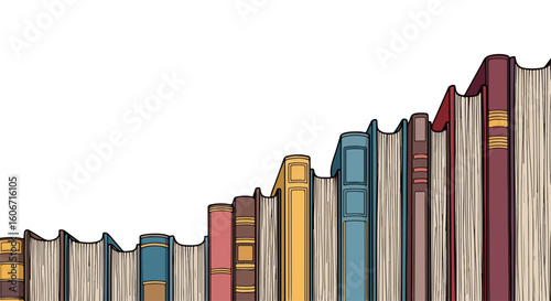 Colorful book spines forming decorative border. Stack of vintage books creates unique textural border design. This book border is perfect for education, literature, or reading promotion.