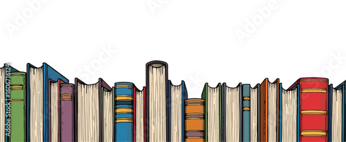Colorful book spines form elegant border. Book collection creates decorative border for website design. Stylish book border perfect for reading website or bookstore promotion.