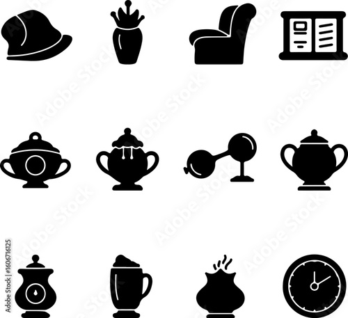 Vintage silhouette icons representing household objects and furniture