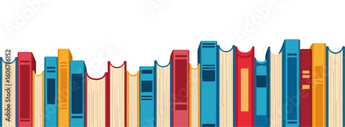 Colorful book stack border for website design. Book border consists of many colorful books standing upright.  Use this book border for website headers, banners, or educational publications.