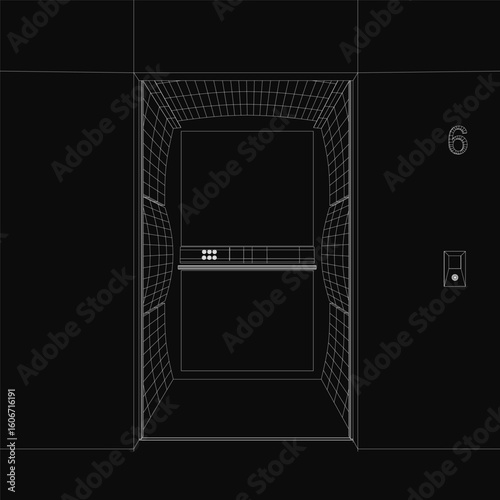 A black and white wireframe drawing of an elevator with the number 6 displayed prominently, featuring clean lines and a stark black background for contrast.