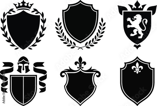 Heraldic shield silhouette vector collection with crown, laurel, lion, knight helmet, and fleur de lis, isolated on white background