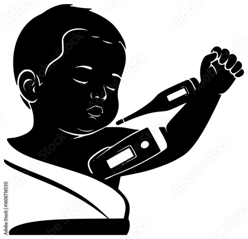 Black silhouette vector icon logo illustration of a digital thermometer showing a high fever reading or used to check a child’s temperature with fast reading beep and sterilized for safe medical use