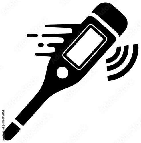 Black silhouette vector icon logo illustration of a digital thermometer showing a high fever reading or used to check a child’s temperature with fast reading beep and sterilized for safe medical use
