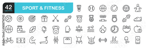 Set of line icons related to healthy, lifestyle, sport, fitness, gym, diet, weight. Outline icons collection. Editable stroke. Vector illustration