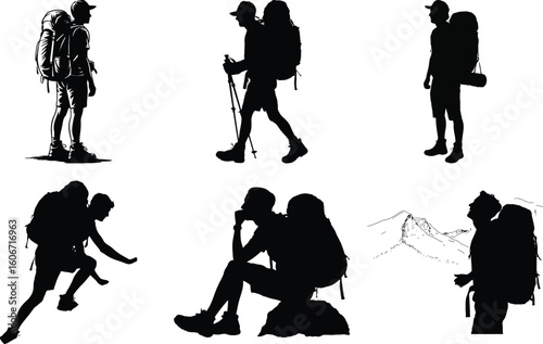 Hiking silhouette vector collection of hiker with backpack, mountain, trekking pole, and outdoor adventure, isolated on white background