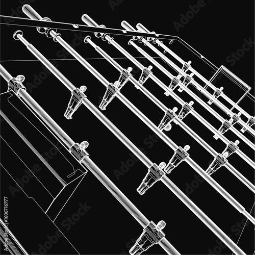 A black and white foosball table drawing features multiple rods with unique designs on a dark background. The mini football machine has clean contour lines and detailed table elements.