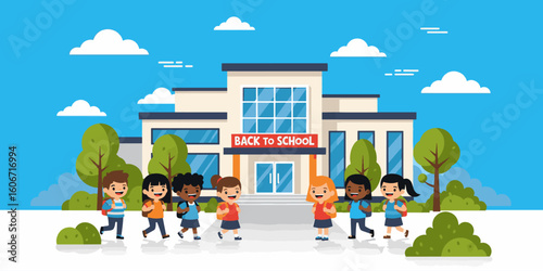 Back to School Kids Illustration in Front of School Building – Flat Style.

