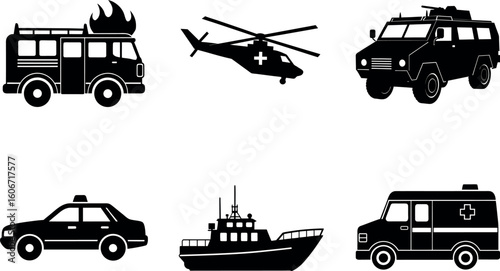 Emergency vehicles police ambulance fire rescue coast guard silhouette vector collection