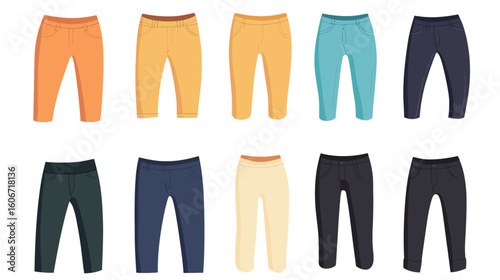 Trousers solid element set vector graphic design, various pants styles in filled icon format, fashion clothing collection for wardrobe, garment catalog, or apparel illustrations