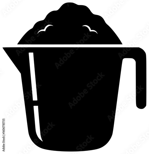 Black silhouette vector icon logo illustration of a measuring cup with flour liquid ingredients and precise markings for recipe preparation mixing sugar and butter for baking or cooking