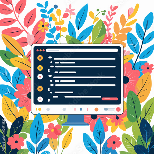 Computer screen displaying user interface surrounded by colorful flowers  